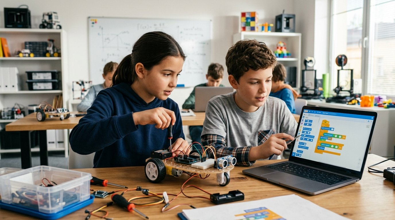 Niños construyendo y programando un robot educativo en aula STEM