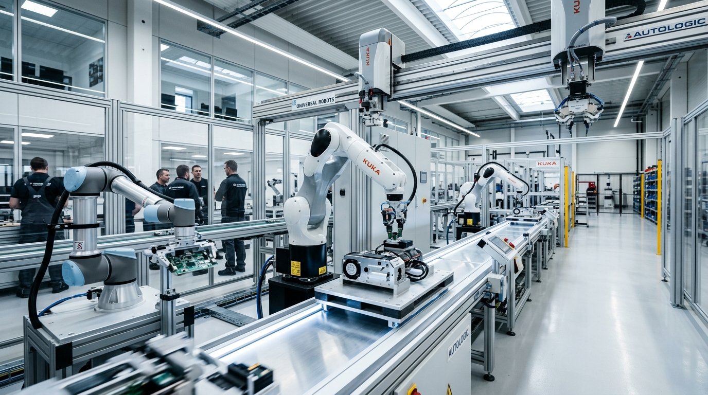 Planta de fabricación automatizada con brazos robóticos industriales